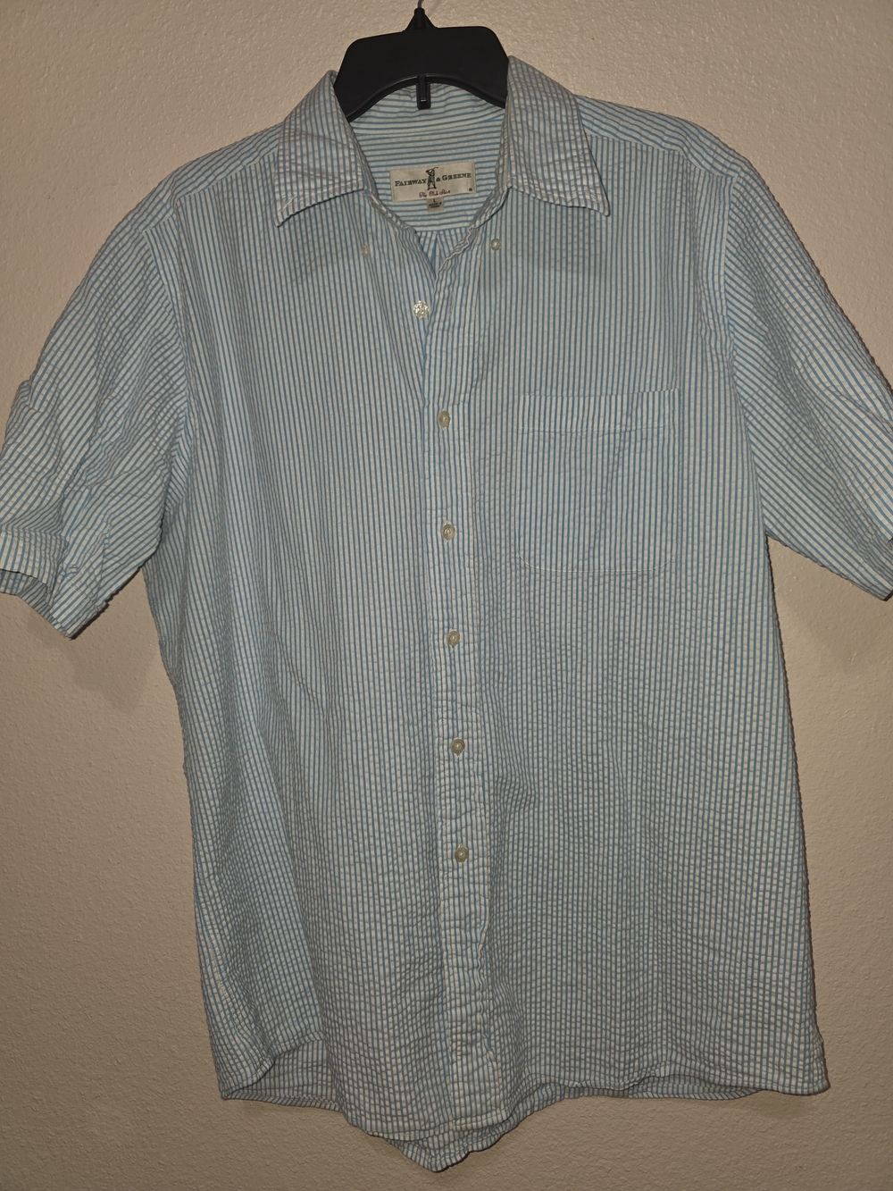 Fairway & Greene Blue and White Vertical Stripe Short Sleeve Shirt
